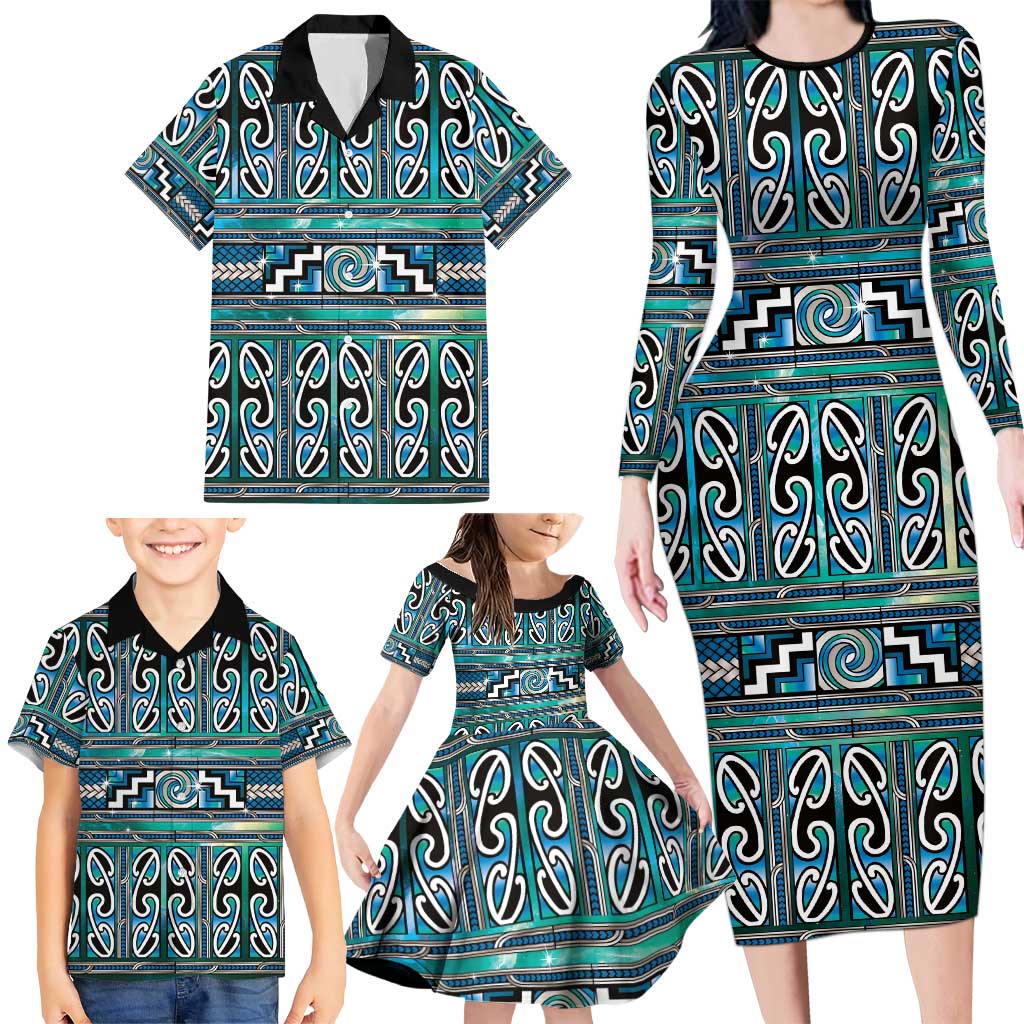 Maori Matariki Family Matching Long Sleeve Bodycon Dress and Hawaiian Shirt Green Galaxy Aesthetic Koru Art LT01 - Polynesian Pride