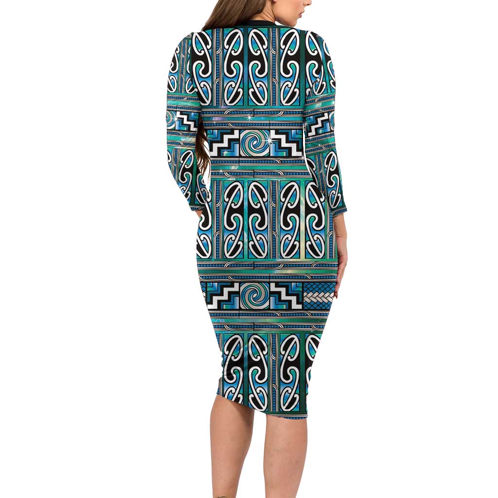 Maori Matariki Family Matching Long Sleeve Bodycon Dress and Hawaiian Shirt Green Galaxy Aesthetic Koru Art LT01 - Polynesian Pride