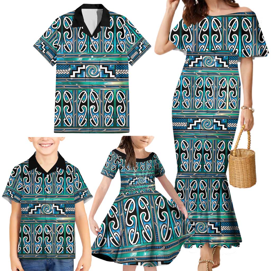 Maori Matariki Family Matching Mermaid Dress and Hawaiian Shirt Green Galaxy Aesthetic Koru Art LT01 - Polynesian Pride