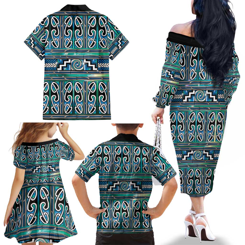 Maori Matariki Family Matching Off The Shoulder Long Sleeve Dress and Hawaiian Shirt Green Galaxy Aesthetic Koru Art LT01 - Polynesian Pride