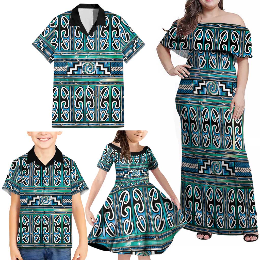 Maori Matariki Family Matching Off Shoulder Maxi Dress and Hawaiian Shirt Green Galaxy Aesthetic Koru Art LT01 - Polynesian Pride