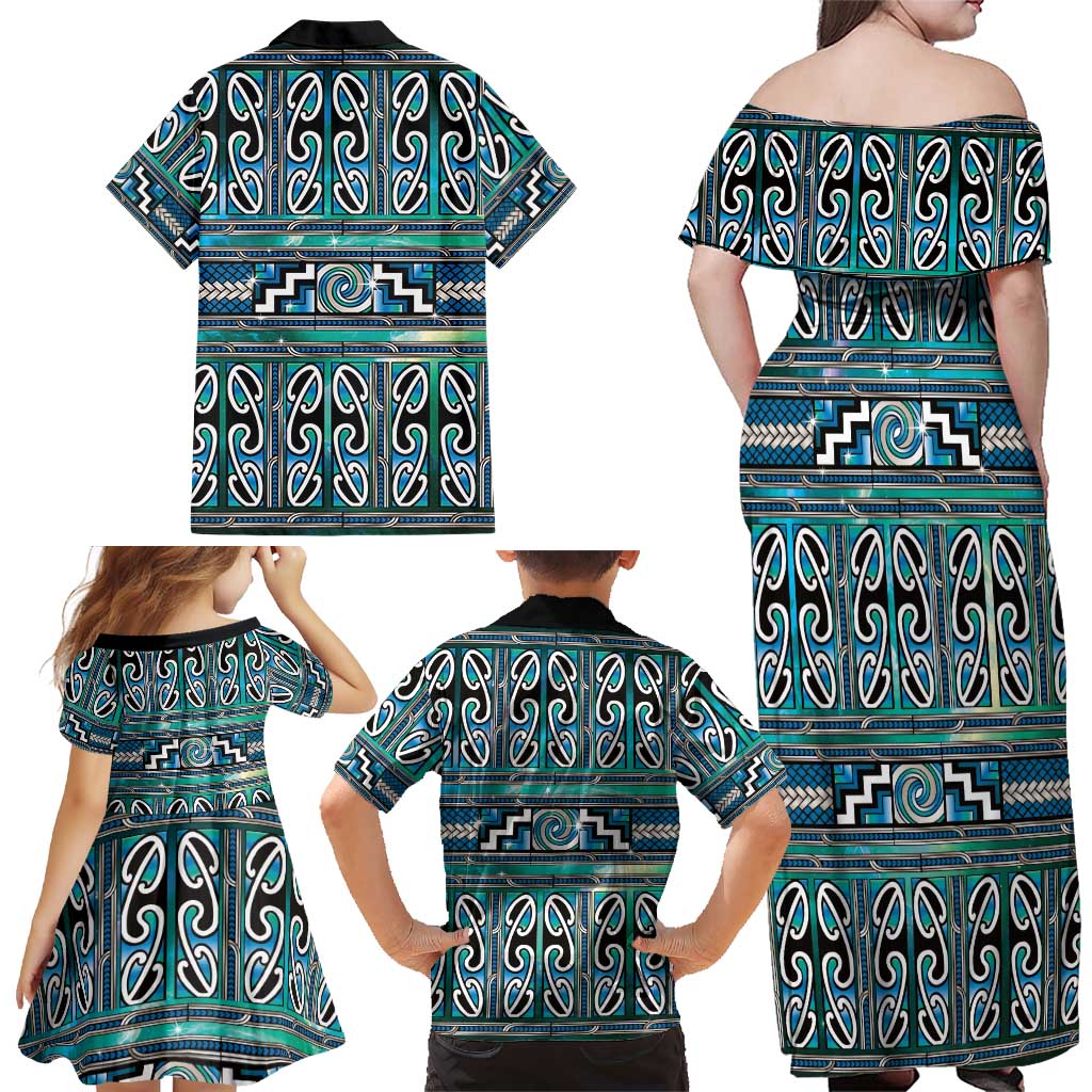 Maori Matariki Family Matching Off Shoulder Maxi Dress and Hawaiian Shirt Green Galaxy Aesthetic Koru Art LT01 - Polynesian Pride