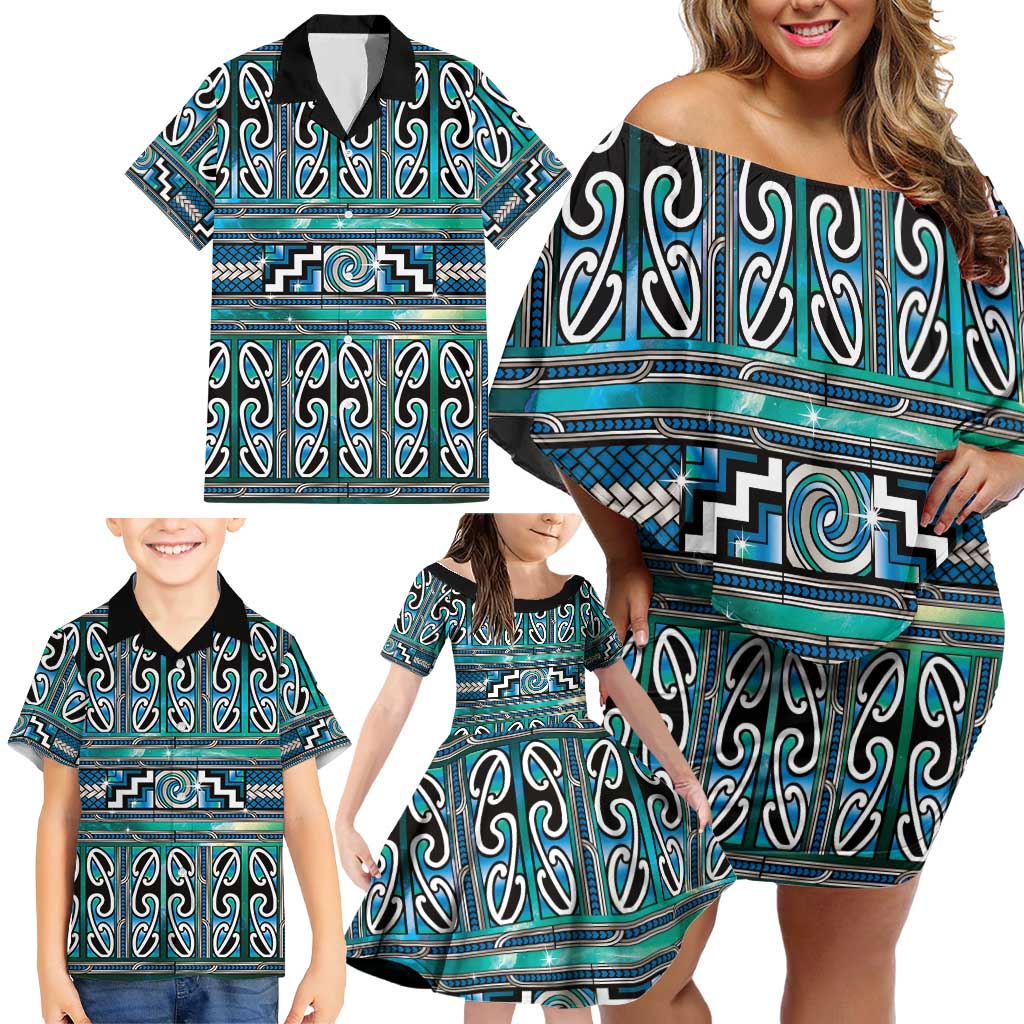 Maori Matariki Family Matching Off Shoulder Short Dress and Hawaiian Shirt Green Galaxy Aesthetic Koru Art LT01 - Polynesian Pride