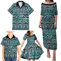 Maori Matariki Family Matching Puletasi and Hawaiian Shirt Green Galaxy Aesthetic Koru Art