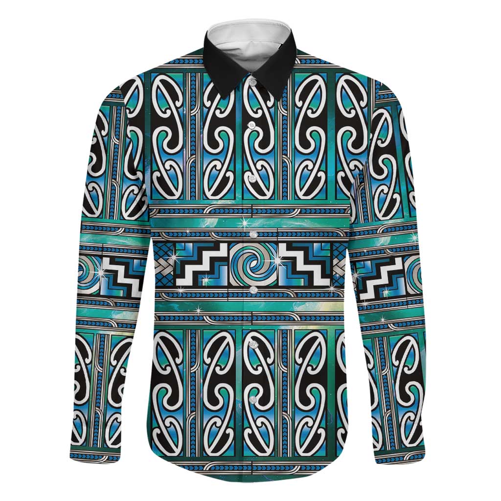 Maori Matariki Family Matching Tank Maxi Dress and Hawaiian Shirt Green Galaxy Aesthetic Koru Art LT01 Dad's Shirt - Long Sleeve Green - Polynesian Pride