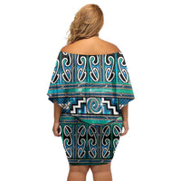 Maori Matariki Off Shoulder Short Dress Green Galaxy Aesthetic Koru Art