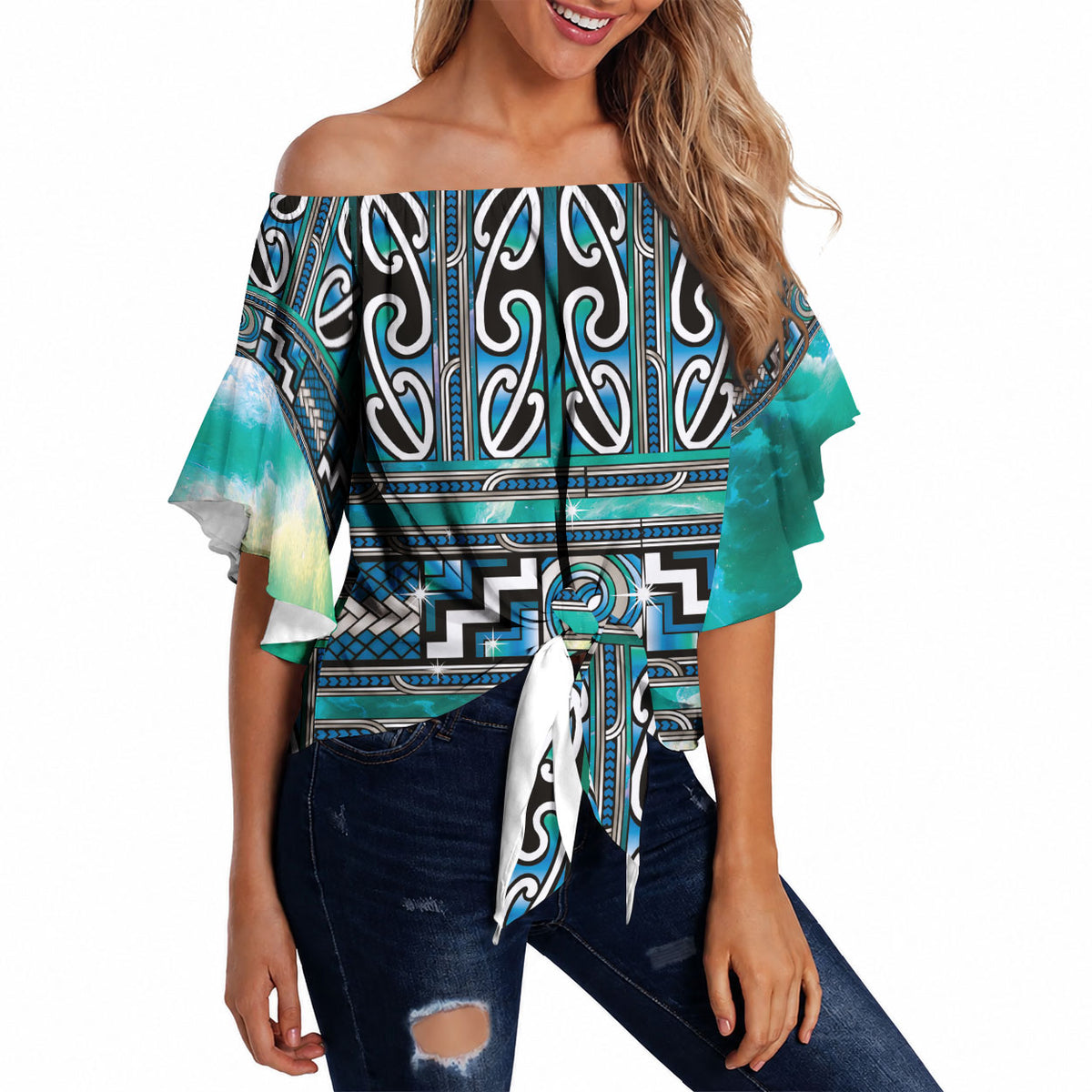 Maori Matariki Off Shoulder Wrap Waist Top Green Galaxy Aesthetic Koru Art LT01 - Polynesian Pride