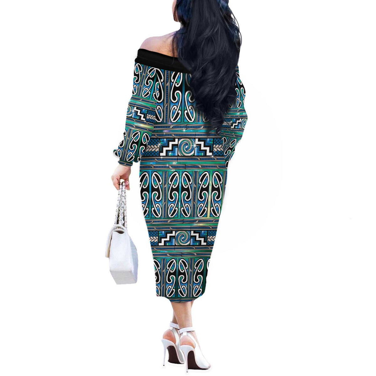 Maori Matariki Off The Shoulder Long Sleeve Dress Green Galaxy Aesthetic Koru Art