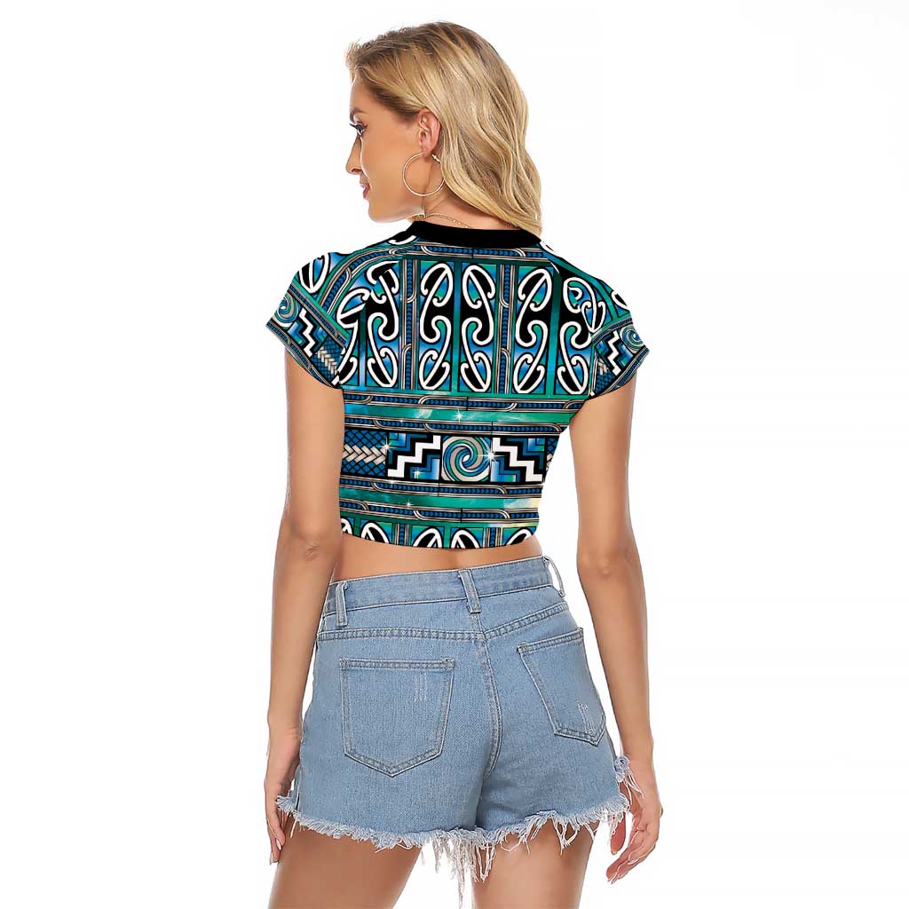 Maori Matariki Raglan Cropped T Shirt Green Galaxy Aesthetic Koru Art