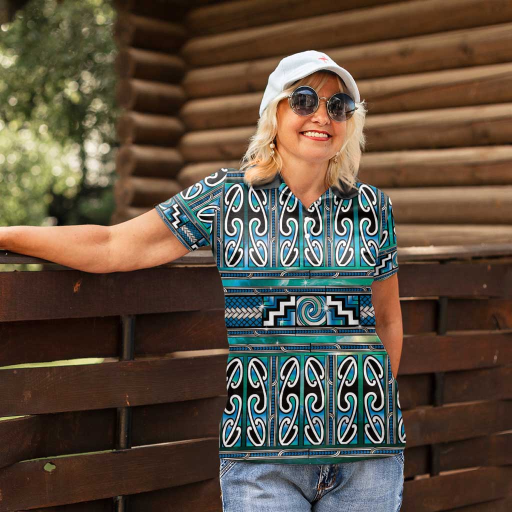 Maori Matariki Women Polo Shirt Green Galaxy Aesthetic Koru Art