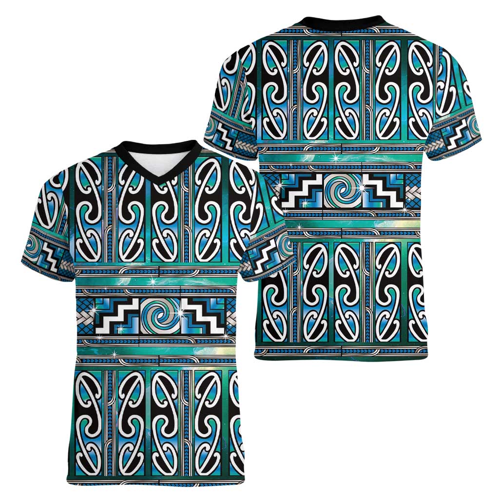 Maori Matariki Women V-Neck T-Shirt Green Galaxy Aesthetic Koru Art