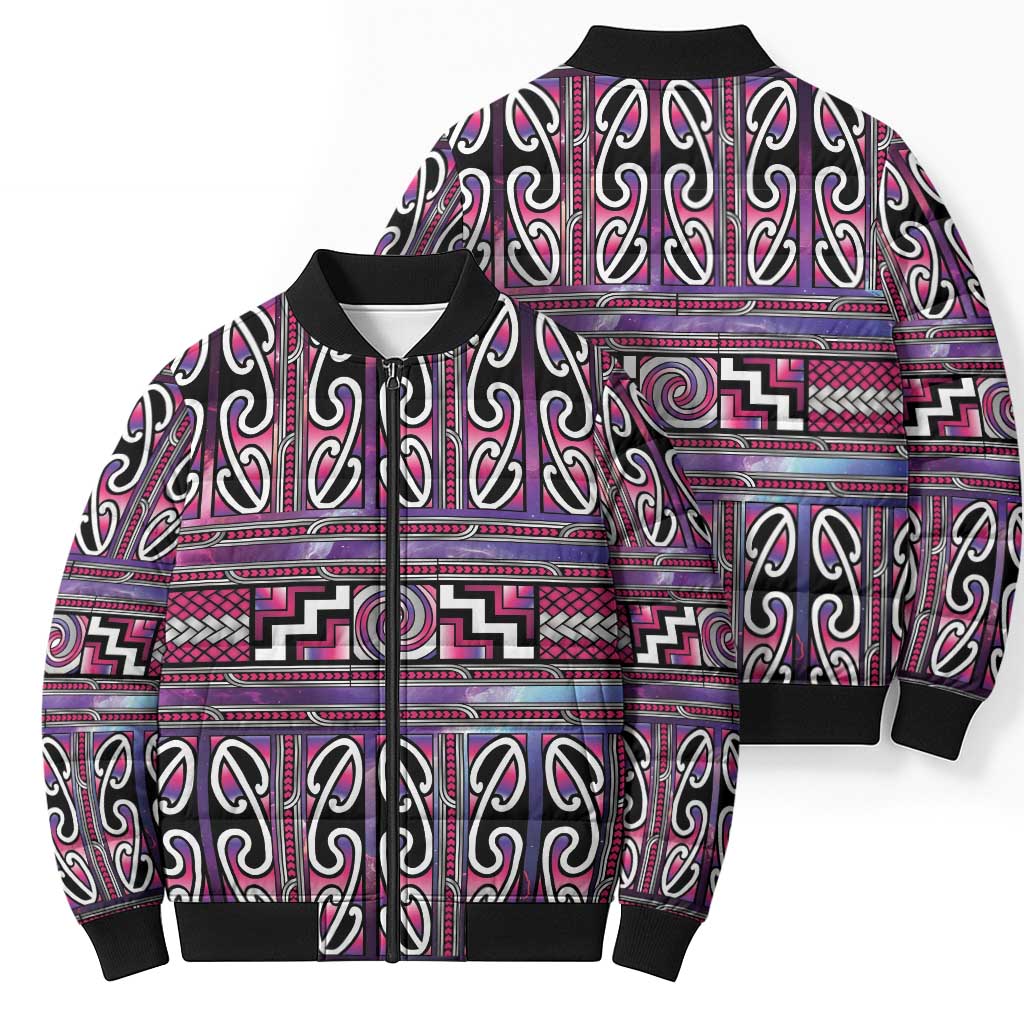 Maori Matariki Bomber Puffer Jacket Pink Galaxy Aesthetic Koru Art