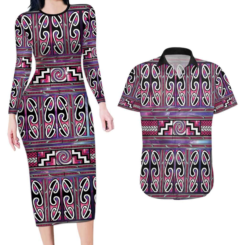 Maori Matariki Couples Matching Long Sleeve Bodycon Dress and Hawaiian Shirt Pink Galaxy Aesthetic Koru Art