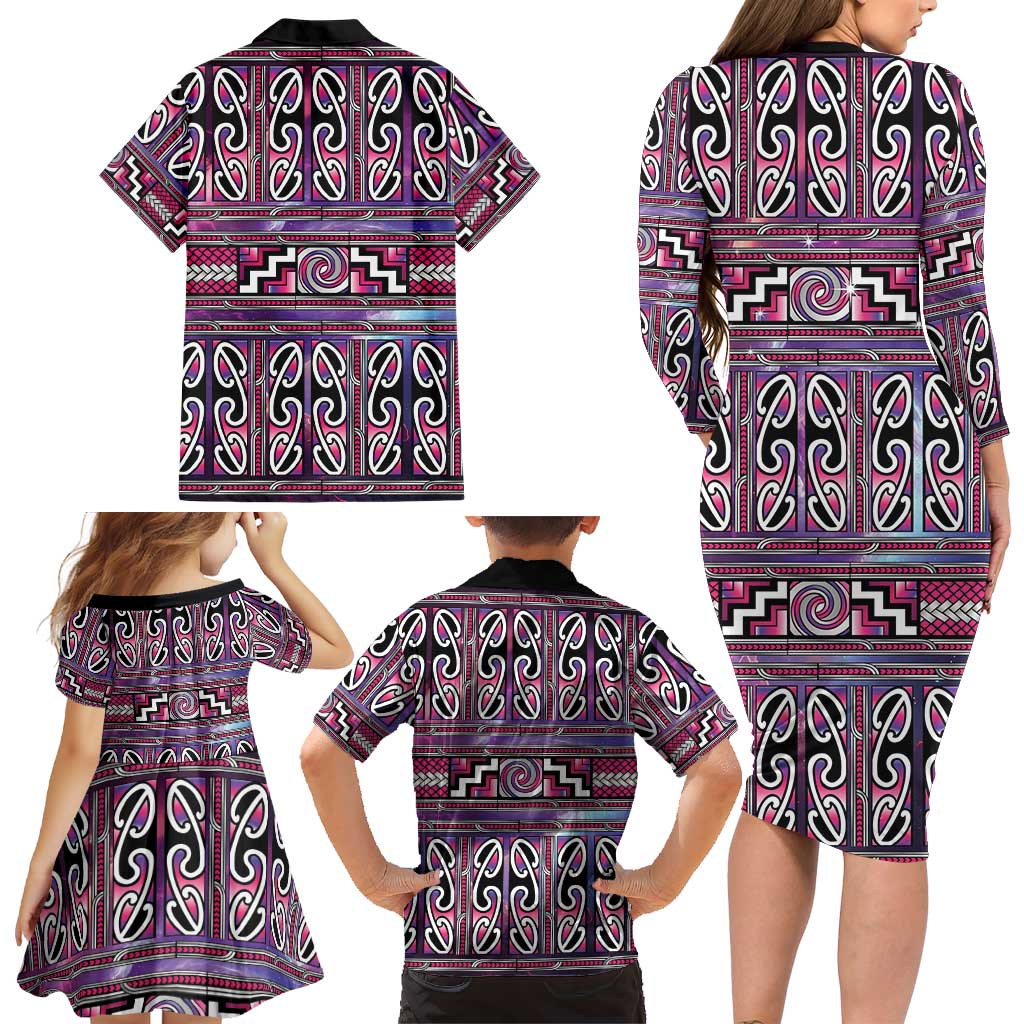 Maori Matariki Family Matching Long Sleeve Bodycon Dress and Hawaiian Shirt Pink Galaxy Aesthetic Koru Art LT01 - Polynesian Pride