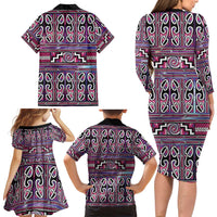 Maori Matariki Family Matching Long Sleeve Bodycon Dress and Hawaiian Shirt Pink Galaxy Aesthetic Koru Art LT01 - Polynesian Pride