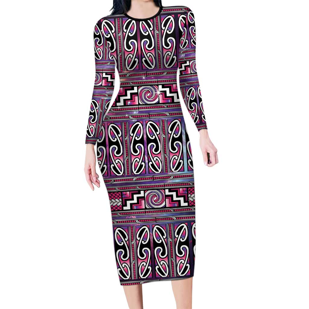 Maori Matariki Family Matching Long Sleeve Bodycon Dress and Hawaiian Shirt Pink Galaxy Aesthetic Koru Art LT01 Mom's Dress Pink - Polynesian Pride