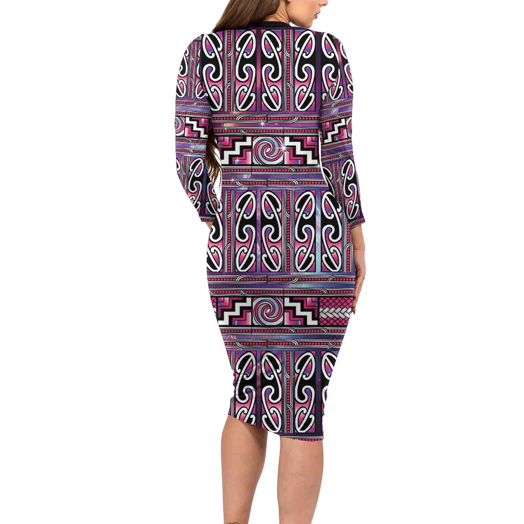 Maori Matariki Family Matching Long Sleeve Bodycon Dress and Hawaiian Shirt Pink Galaxy Aesthetic Koru Art LT01 - Polynesian Pride