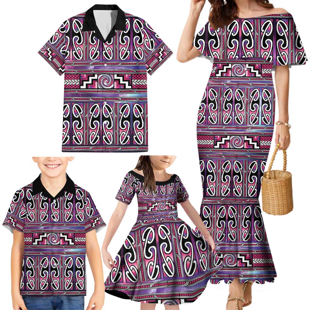 Maori Matariki Family Matching Mermaid Dress and Hawaiian Shirt Pink Galaxy Aesthetic Koru Art LT01 - Polynesian Pride