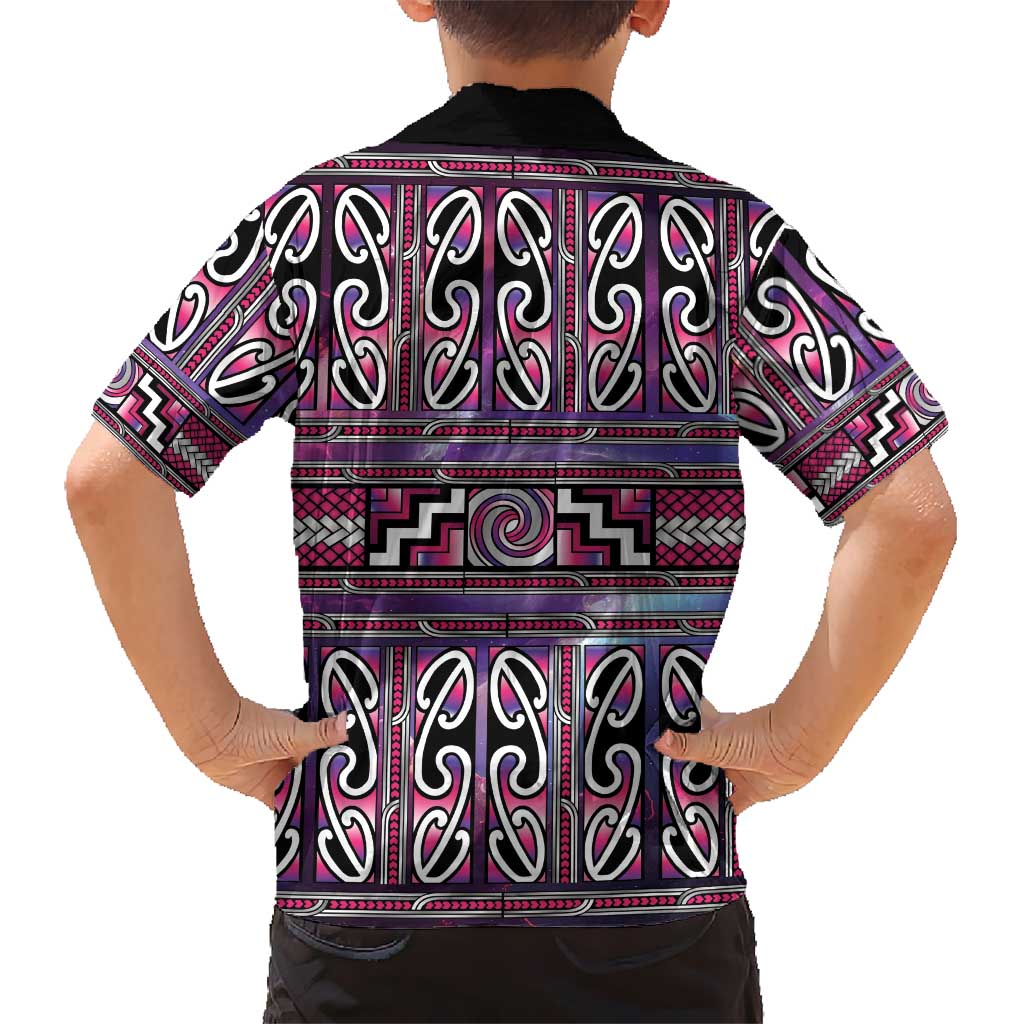 Maori Matariki Family Matching Off The Shoulder Long Sleeve Dress and Hawaiian Shirt Pink Galaxy Aesthetic Koru Art LT01 - Polynesian Pride