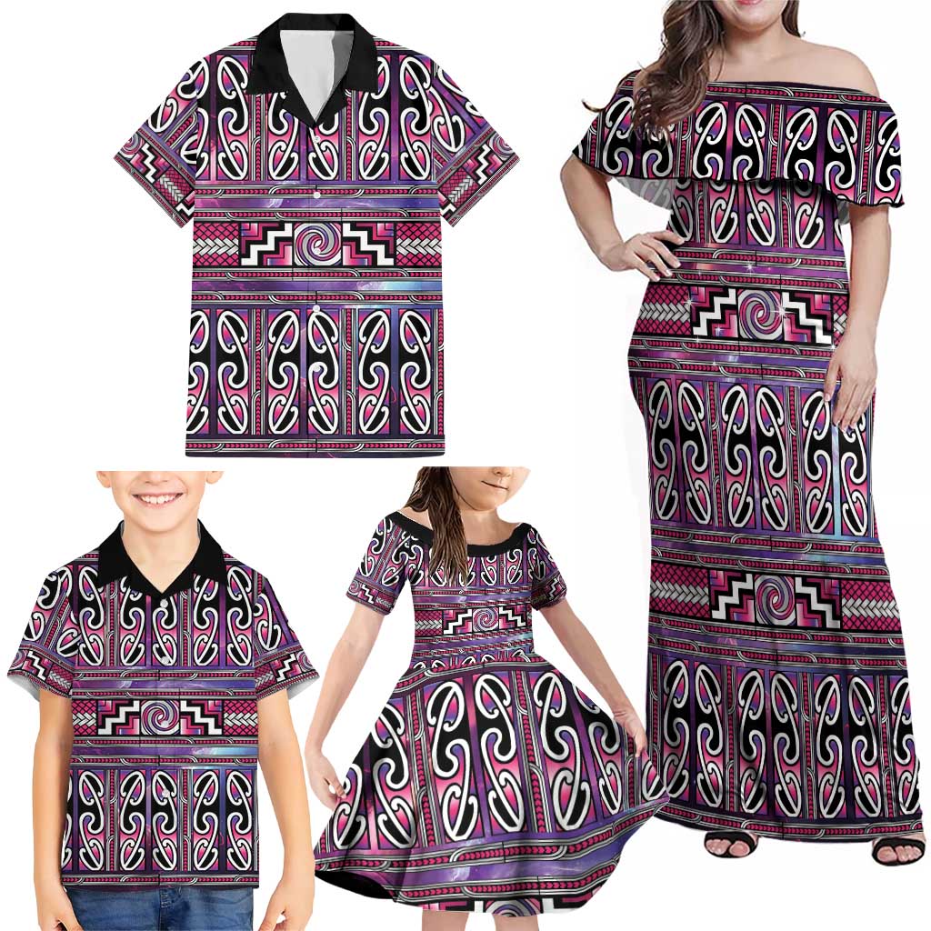 Maori Matariki Family Matching Off Shoulder Maxi Dress and Hawaiian Shirt Pink Galaxy Aesthetic Koru Art LT01 - Polynesian Pride