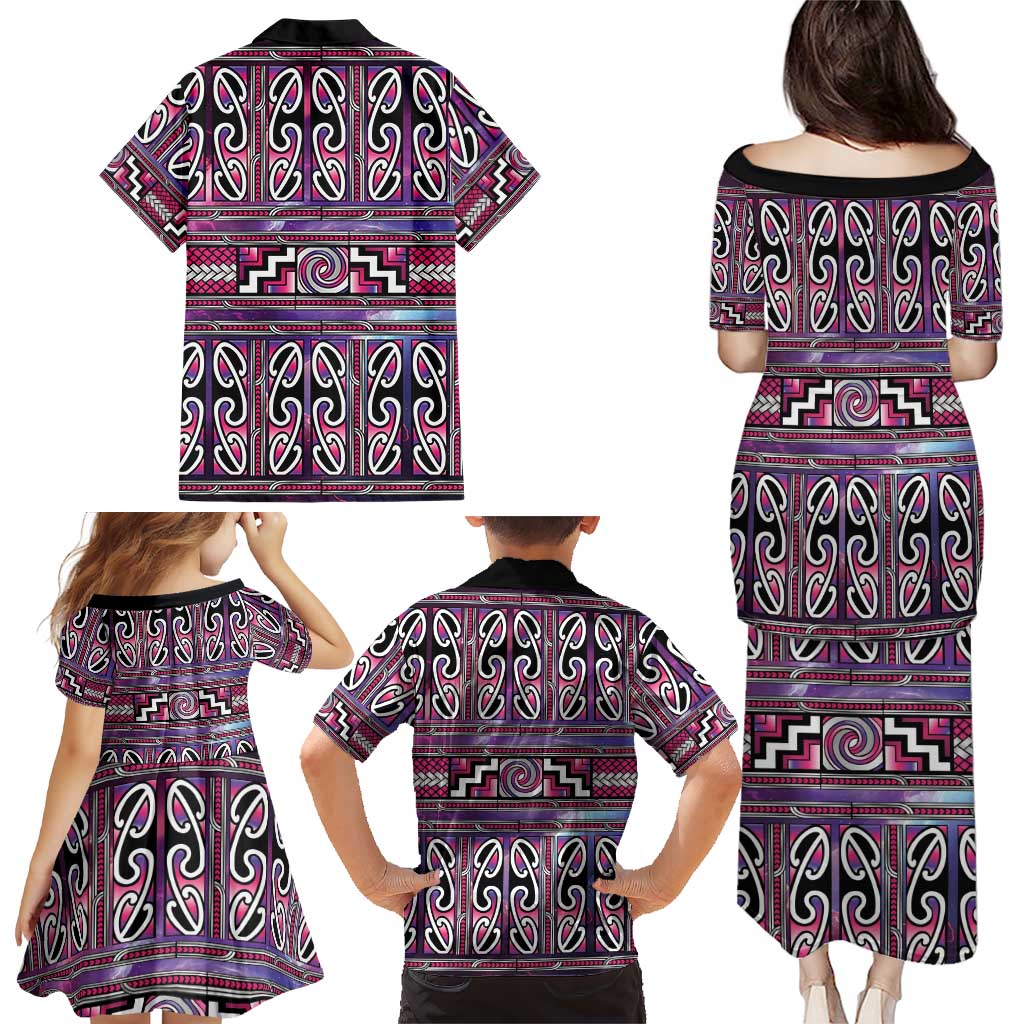 Maori Matariki Family Matching Puletasi and Hawaiian Shirt Pink Galaxy Aesthetic Koru Art