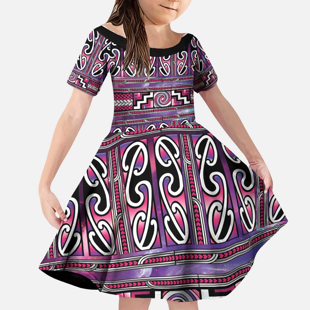 Maori Matariki Family Matching Short Sleeve Bodycon Dress and Hawaiian Shirt Pink Galaxy Aesthetic Koru Art LT01 Daughter's Dress Pink - Polynesian Pride