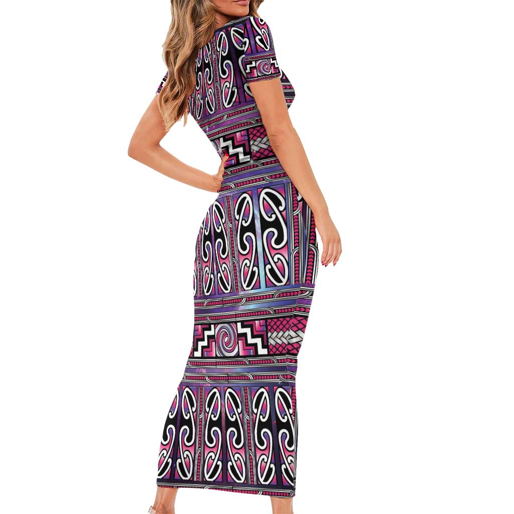 Maori Matariki Family Matching Short Sleeve Bodycon Dress and Hawaiian Shirt Pink Galaxy Aesthetic Koru Art LT01 - Polynesian Pride