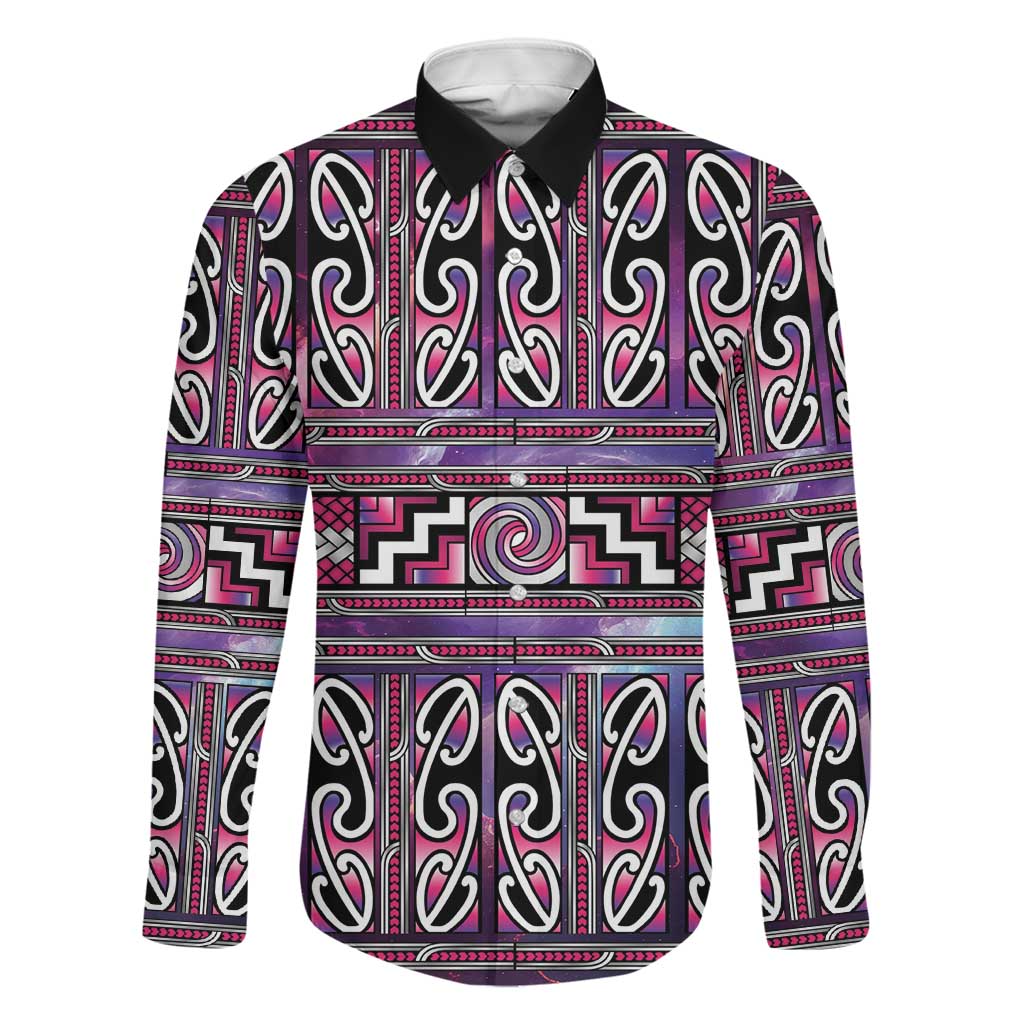 Maori Matariki Family Matching Summer Maxi Dress and Hawaiian Shirt Pink Galaxy Aesthetic Koru Art LT01 Dad's Shirt - Long Sleeve Pink - Polynesian Pride