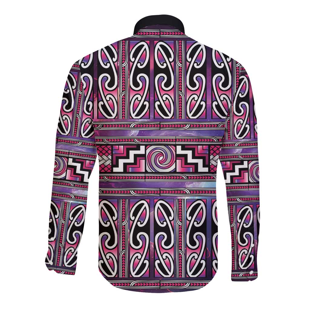 Maori Matariki Long Sleeve Button Shirt Pink Galaxy Aesthetic Koru Art