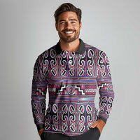Maori Matariki Long Sleeve Polo Shirt Pink Galaxy Aesthetic Koru Art