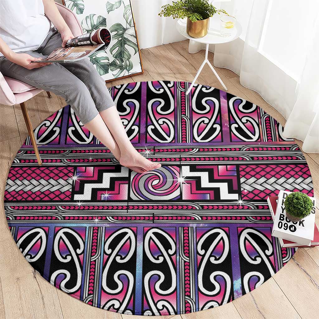 Maori Matariki Round Carpet Pink Galaxy Aesthetic Koru Art