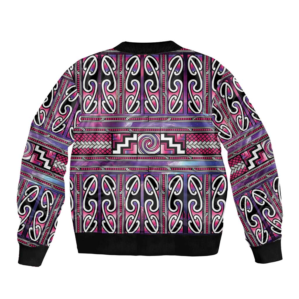 Maori Matariki Sleeve Zip Bomber Jacket Pink Galaxy Aesthetic Koru Art