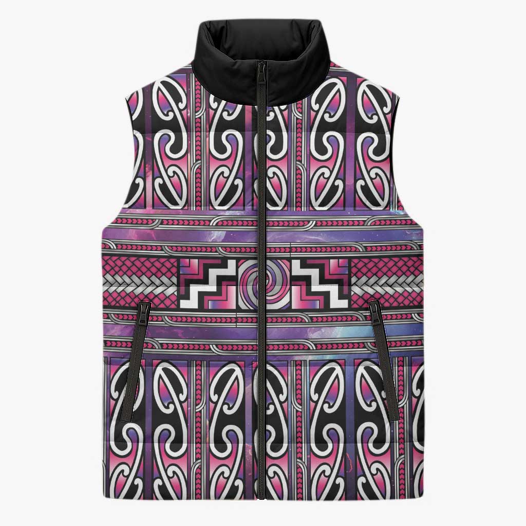 Maori Matariki Sleeveless Puffer Jacket Pink Galaxy Aesthetic Koru Art