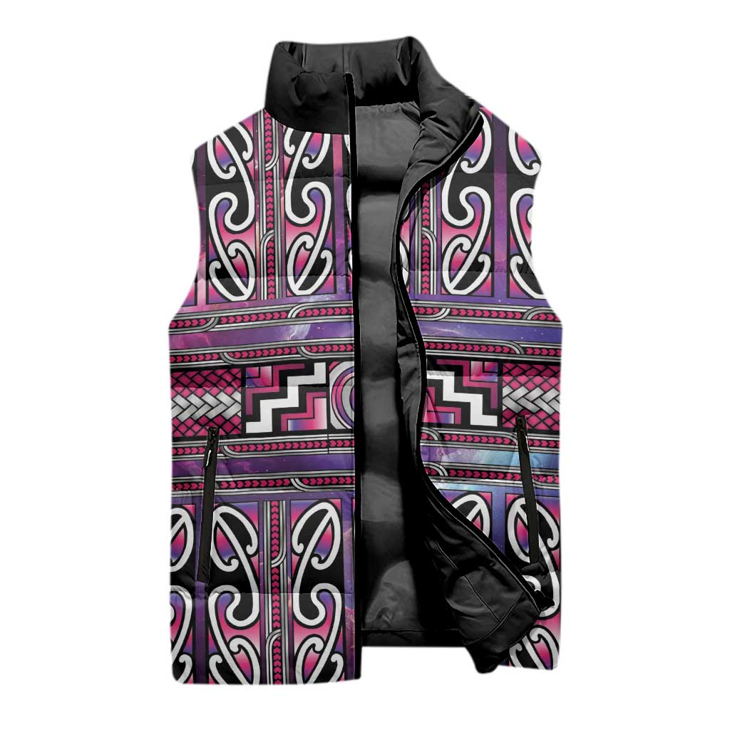 Maori Matariki Sleeveless Puffer Jacket Pink Galaxy Aesthetic Koru Art