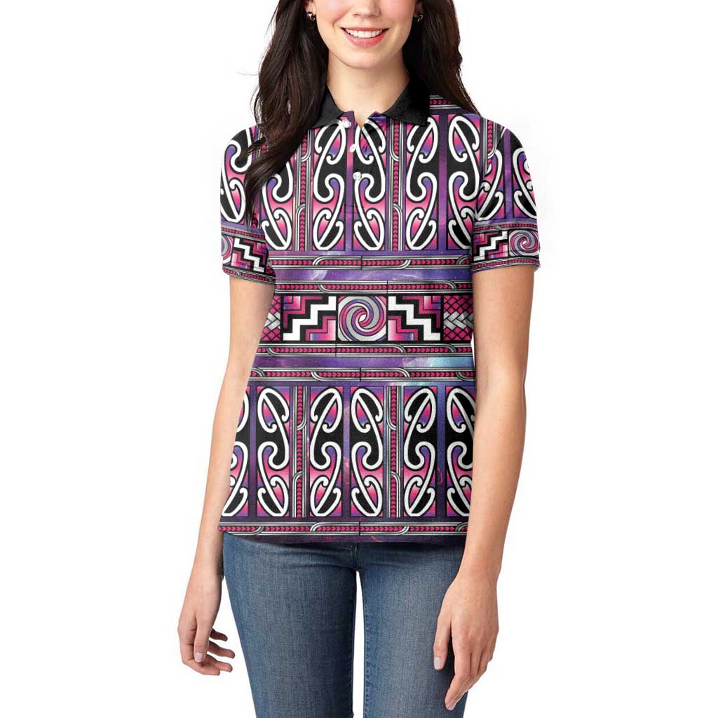 Maori Matariki Women Polo Shirt Pink Galaxy Aesthetic Koru Art