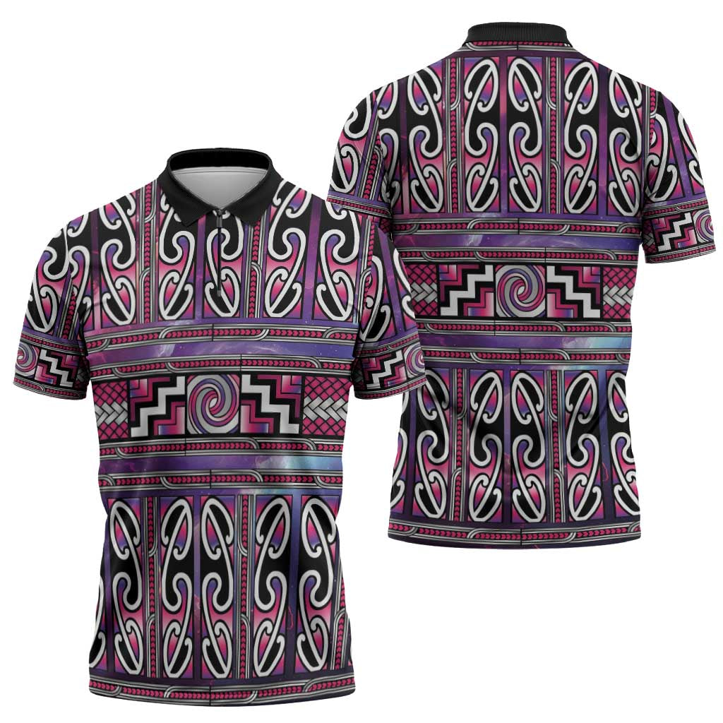 Maori Matariki Zipper Polo Shirt Pink Galaxy Aesthetic Koru Art
