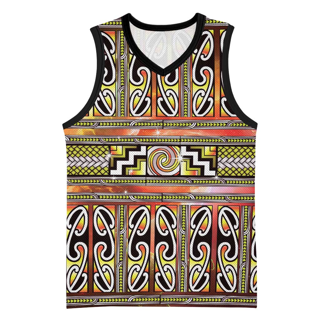Maori Matariki Basketball Jersey Yellow Galaxy Aesthetic Koru Art