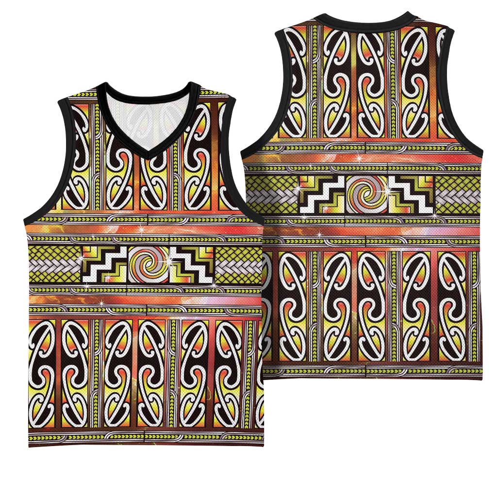 Maori Matariki Basketball Jersey Yellow Galaxy Aesthetic Koru Art