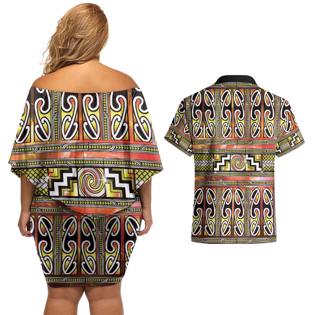 Maori Matariki Couples Matching Off Shoulder Short Dress and Hawaiian Shirt Yellow Galaxy Aesthetic Koru Art