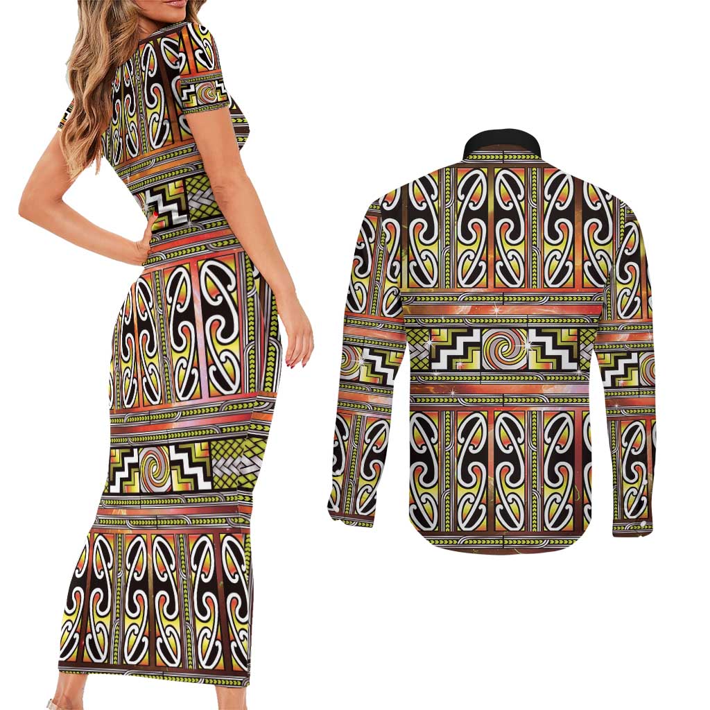 Maori Matariki Couples Matching Short Sleeve Bodycon Dress and Long Sleeve Button Shirt Yellow Galaxy Aesthetic Koru Art