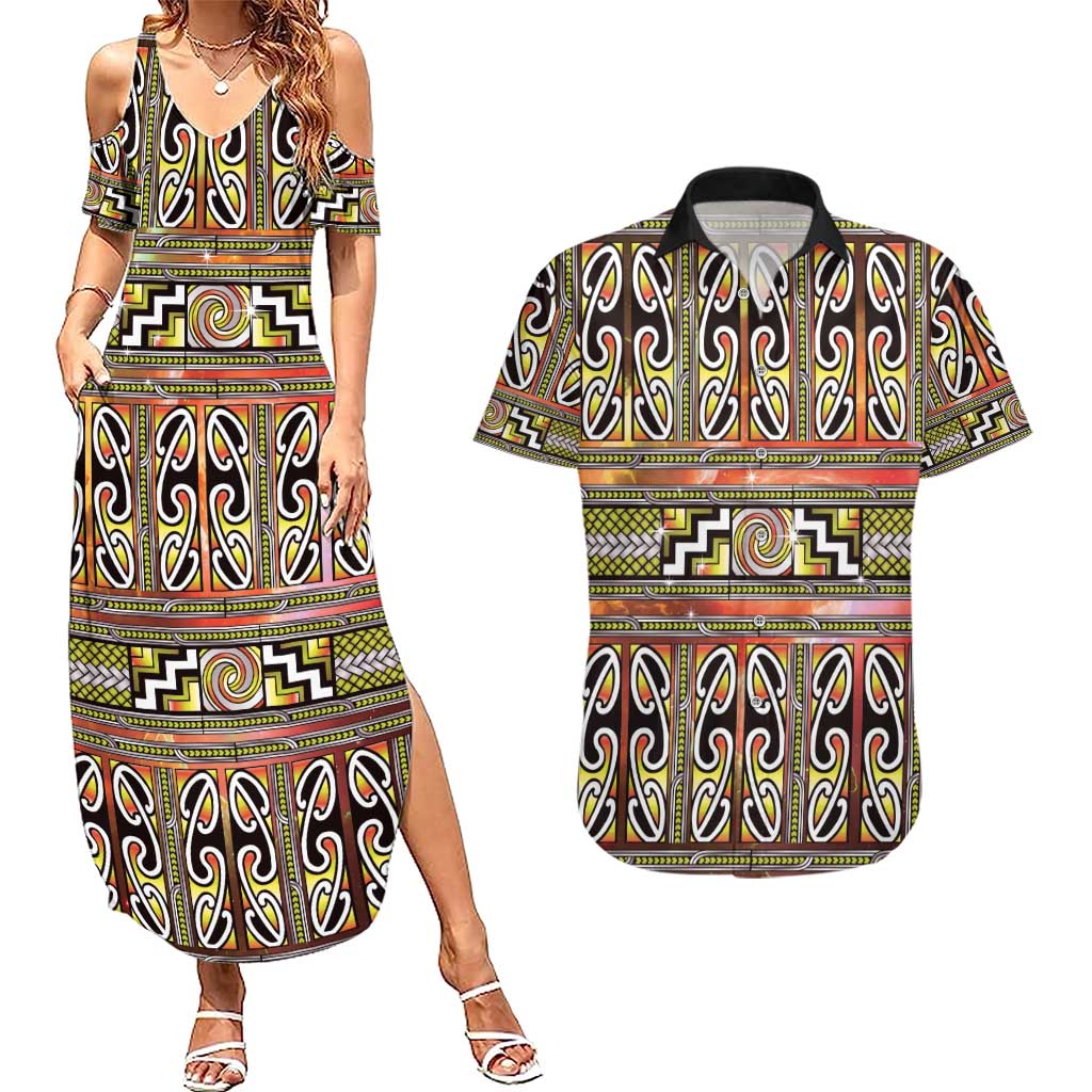 Maori Matariki Couples Matching Summer Maxi Dress and Hawaiian Shirt Yellow Galaxy Aesthetic Koru Art