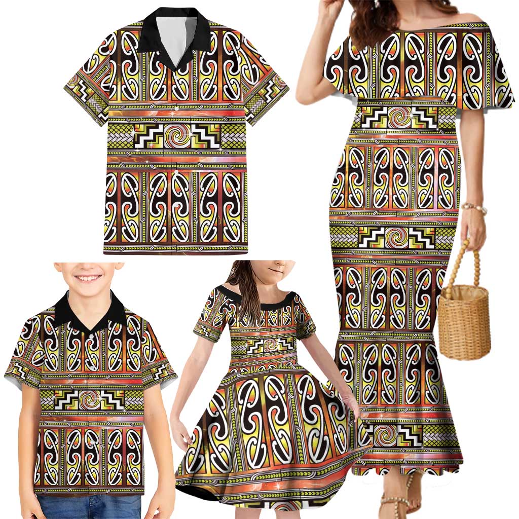 Maori Matariki Family Matching Mermaid Dress and Hawaiian Shirt Yellow Galaxy Aesthetic Koru Art LT01 - Polynesian Pride