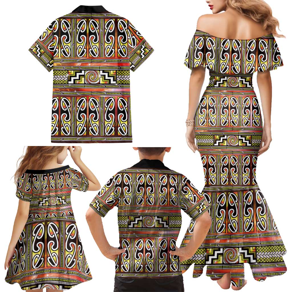 Maori Matariki Family Matching Mermaid Dress and Hawaiian Shirt Yellow Galaxy Aesthetic Koru Art LT01 - Polynesian Pride