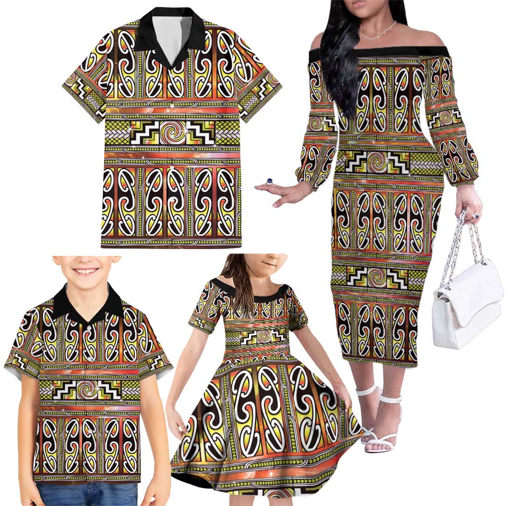 Maori Matariki Family Matching Off The Shoulder Long Sleeve Dress and Hawaiian Shirt Yellow Galaxy Aesthetic Koru Art LT01 - Polynesian Pride