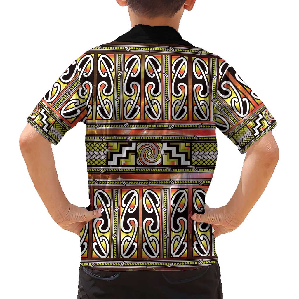 Maori Matariki Family Matching Off Shoulder Maxi Dress and Hawaiian Shirt Yellow Galaxy Aesthetic Koru Art LT01 - Polynesian Pride