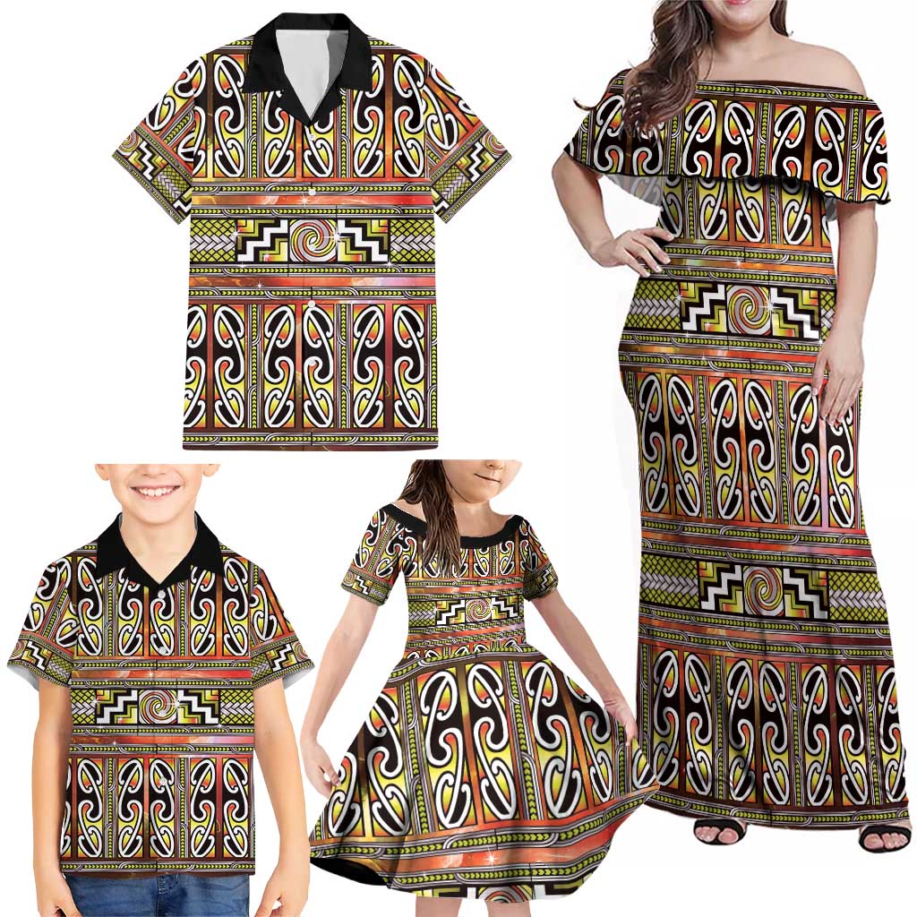 Maori Matariki Family Matching Off Shoulder Maxi Dress and Hawaiian Shirt Yellow Galaxy Aesthetic Koru Art LT01 - Polynesian Pride