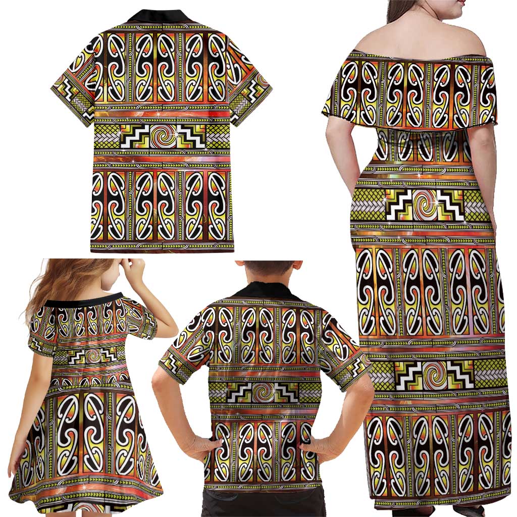 Maori Matariki Family Matching Off Shoulder Maxi Dress and Hawaiian Shirt Yellow Galaxy Aesthetic Koru Art LT01 - Polynesian Pride