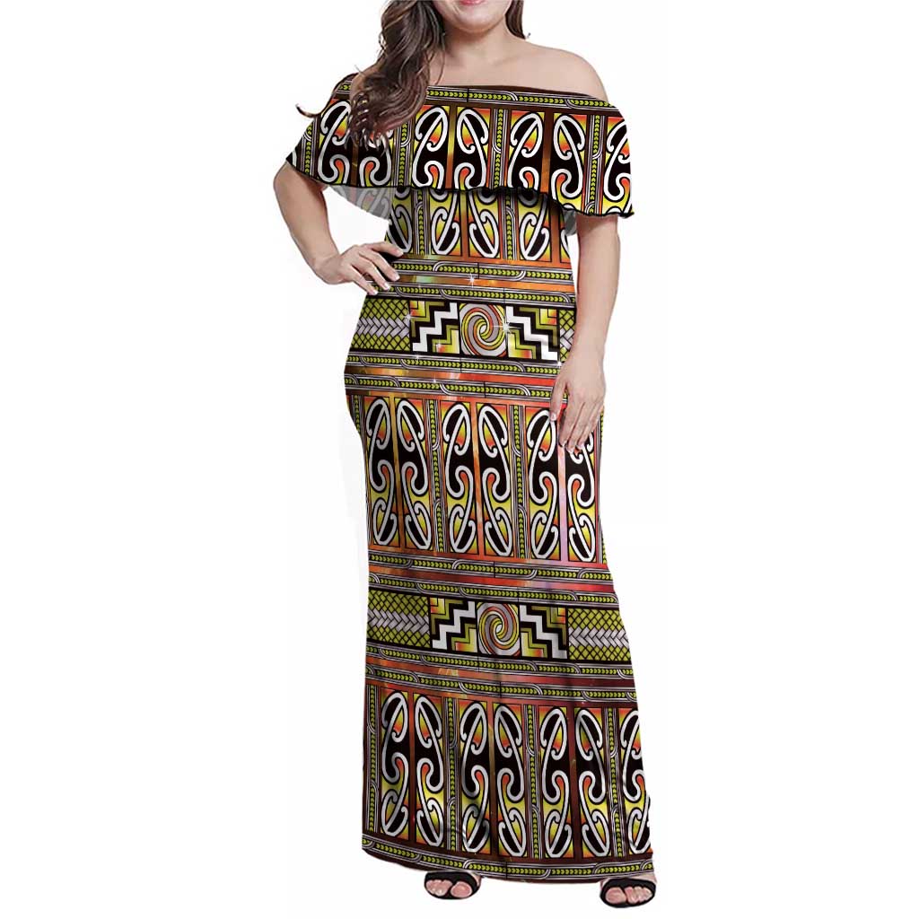 Maori Matariki Family Matching Off Shoulder Maxi Dress and Hawaiian Shirt Yellow Galaxy Aesthetic Koru Art LT01 Mom's Dress Yellow - Polynesian Pride