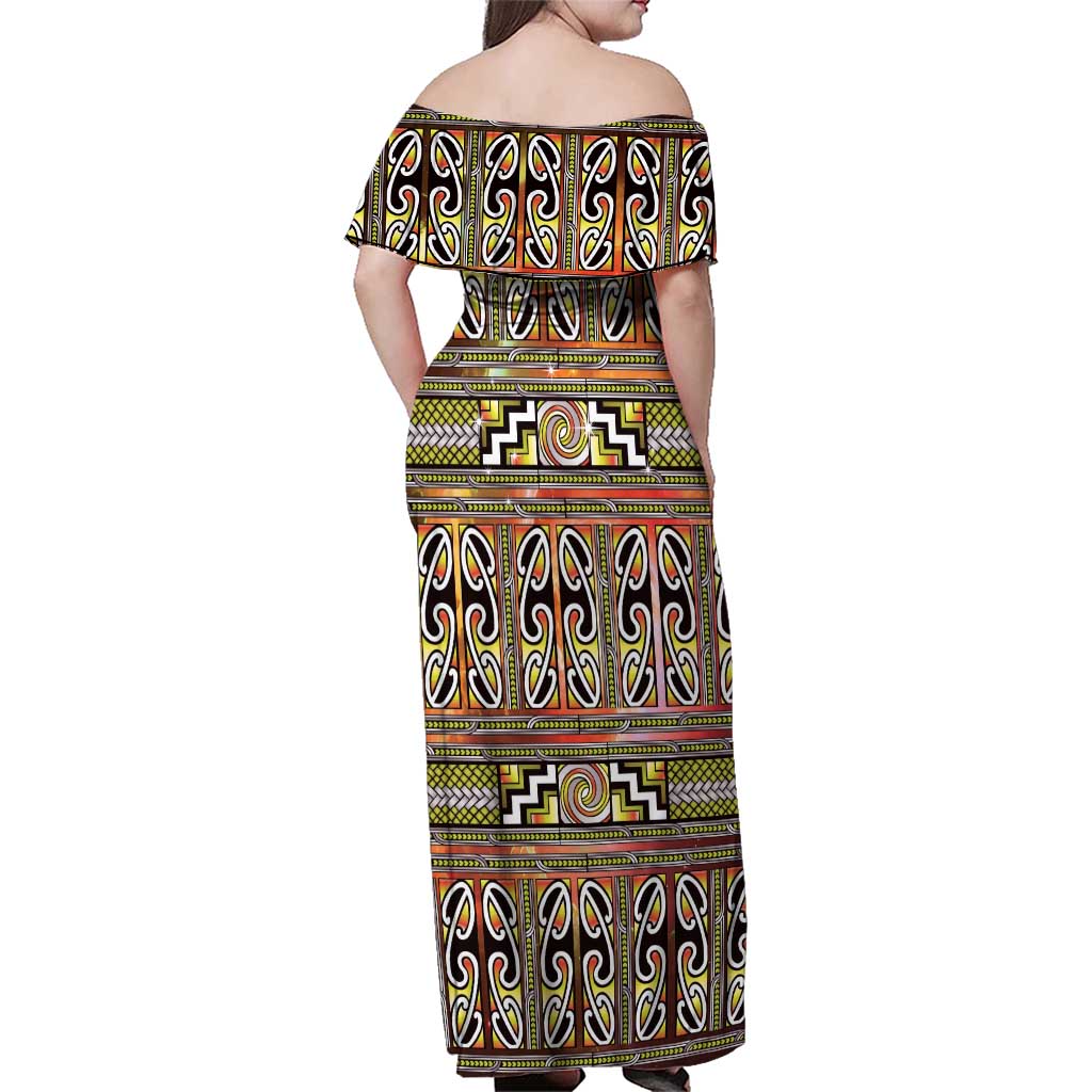 Maori Matariki Family Matching Off Shoulder Maxi Dress and Hawaiian Shirt Yellow Galaxy Aesthetic Koru Art LT01 - Polynesian Pride