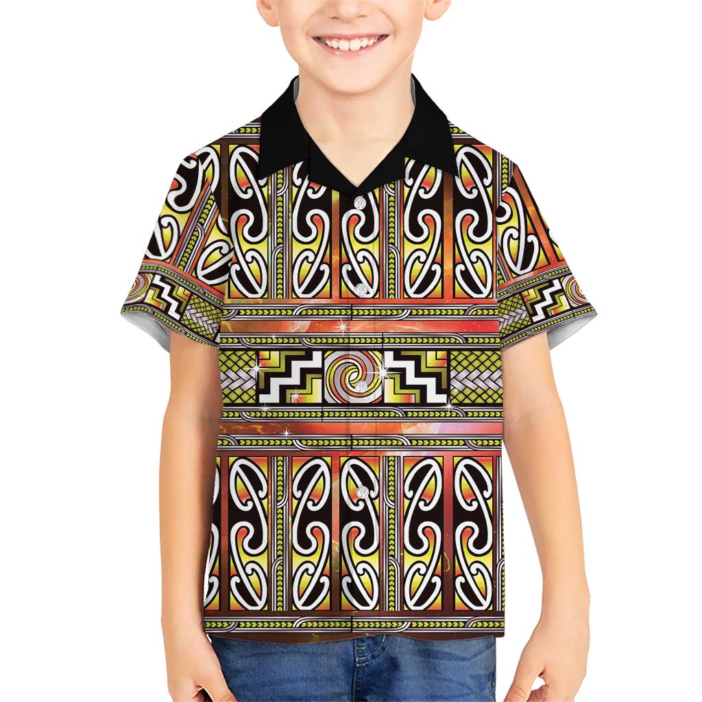 Maori Matariki Family Matching Off Shoulder Maxi Dress and Hawaiian Shirt Yellow Galaxy Aesthetic Koru Art LT01 Son's Shirt Yellow - Polynesian Pride